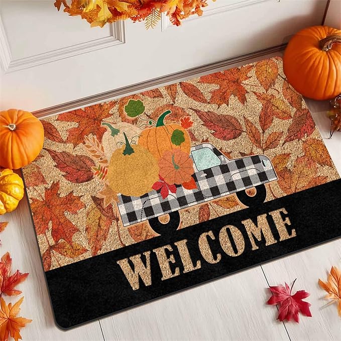 Fall Welcome Maple Leafs Decorative Door Mat, Autumn Thanksgiving Doormat for Indoor Outdoor Entrance Floor Mats,Fall Pumpkins Non Slip Harvest Vintage Decor Rubber Welcome Mats 30" x 18" Inch
