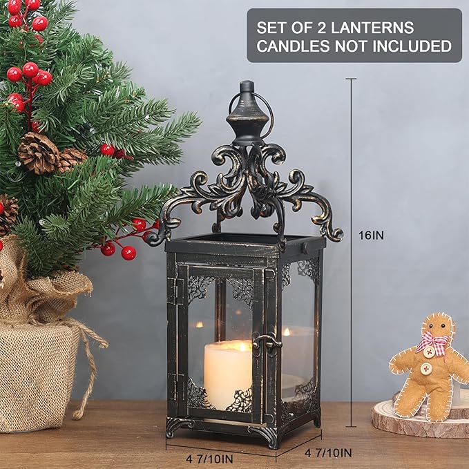 NEEDOMO Set of 2 Lanterns Decorative Indoor Hanging Lantern Outdoor,Vintage Metal Tabletop Decor Lantern for Patio Rustic Home, Candle Holders with Clear Glass, Home Kitchen Coffee Table Livinig Room