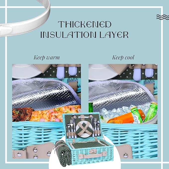 YPshuye Picnic Basket Set for 4 with Waterproof Blanket Mat Insulation Bag Wicker Blue Green Light Hawaiian Tropical Style Gift for Wedding Birthday Summer Camp Outdoor Camping Beach Travel Christmas