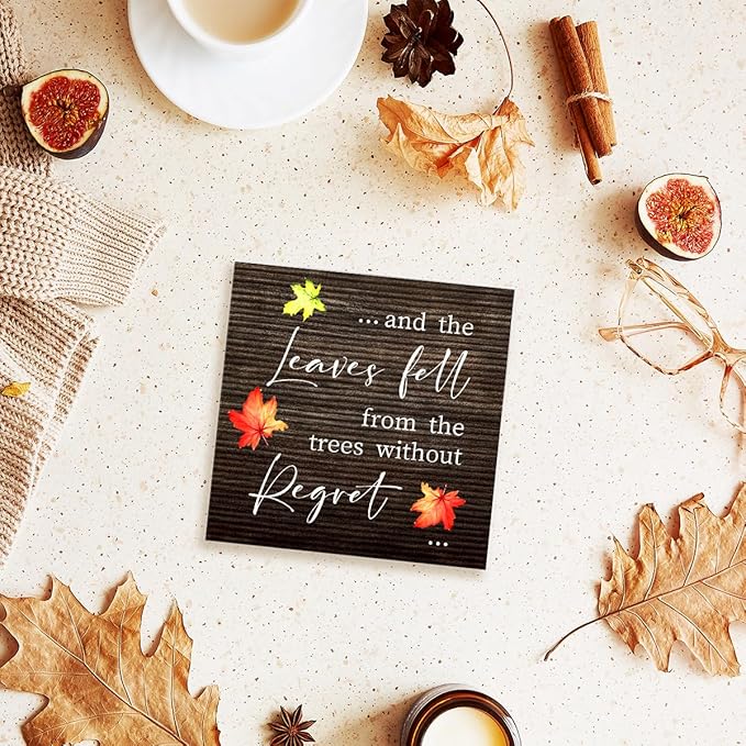 Funny Autumn Wood Box Sign Leaves Fall From the Trees without Regret Wooden Block Desk Decor for Home Office Kitchen Cubicle Table Shelf Tabletop,Farmhouse Fall Sign Decor