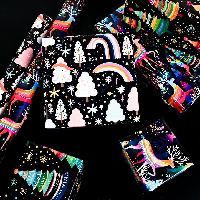 Vnaaem Christmas Wrapping Paper for Boys Girls Kids - Cute Rainbow Xmas Gift Wrap with Santa Tree Reindeer Design for Holiday Winter Paty - 20 x 28Inches Per Sheet(8 Pack)