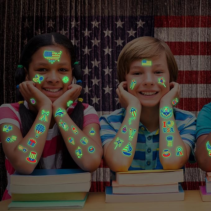 106 Packs 4th of July Decorations, 4th of July Glow in the Dark Tattoos, Multiple Styles Fourth of July Tattoos, Red White and Blue Decor Suitable for Patriotic Accessories Independence Day Supplies