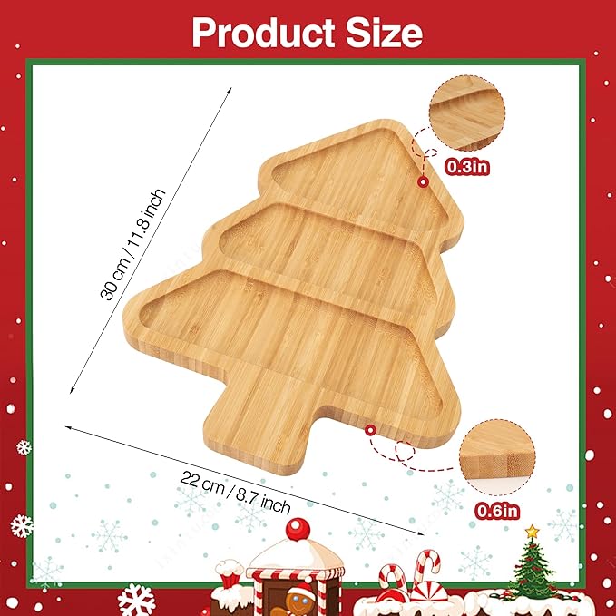 Christmas Serving Tray, Christmas Tree Charcuterie Board, Bamboo Divided Serving Platter Dish for Holiday Party Food Tray for Cheese Snack Fruit 12 x 8.7 x 0.6 Inches
