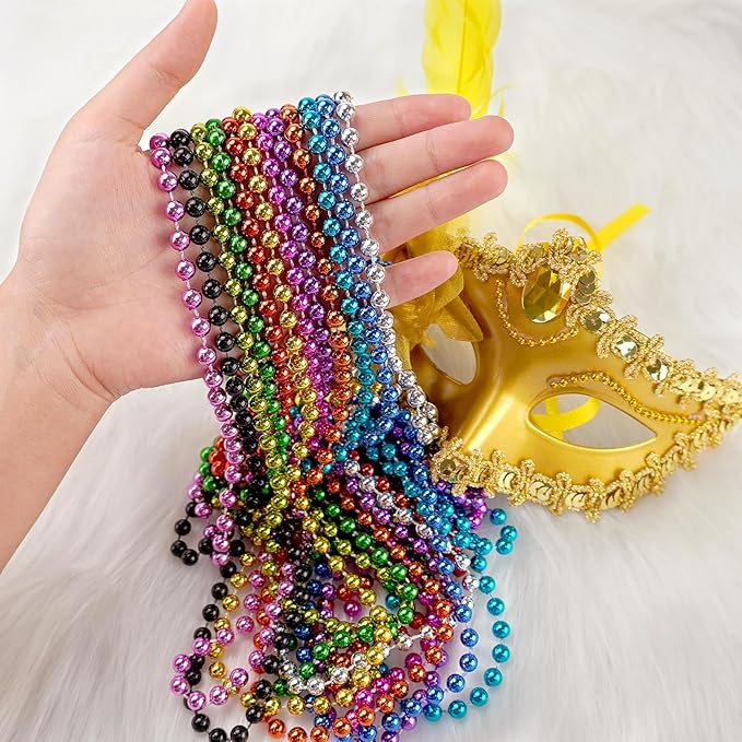 SHAOQINLIN 24 PCS Mardi Gras Beads Necklaces, 12 Colors 33 Inch 6 mm Metallic Bead Necklaces Bulk Party Beads Necklace Round Beaded Necklaces for Mardi Gras, Christmas, Carnival Party Favor