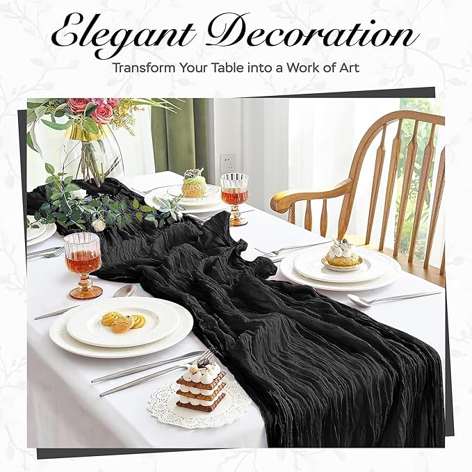 Cheesecloth Table Runner 6 Pack – 35x120 Inch (10ft) Boho Rustic Gauze Cloth Runners – Crinkle Polyester Table Decor for Wedding, Baby Shower, Bridal Shower, Birthday Party and More (Black)