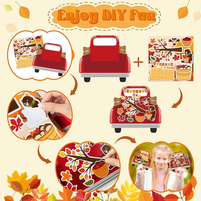 CY2SIDE Fall Truck Stickers Scene - 12PCS Hello Autumn Stickers Scene for Kids Make A Truck Sticker Scene with Pumpkin Maple Make Your Own Fall Truck Art Craft DIY Fall Party Games Class Activities