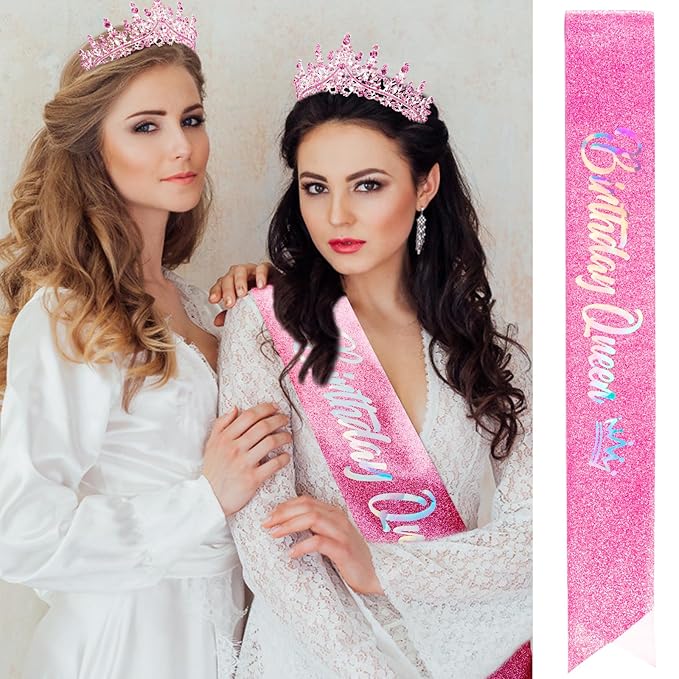 Velscrun Pink Crystal Birthday Queen Tiara Crown for Women Girls Birthday Queen Headband Sash Elegant Princess Crown with Combs Hair Accessories Happy Birth Party Decorations Mom Birth Gift