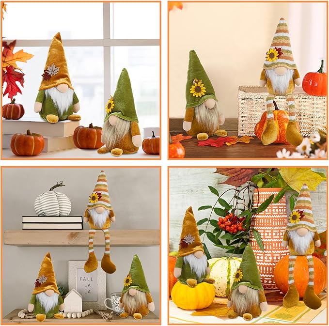 DAZONGE Thanksgiving Decor, 3PCS Harvest Gnomes Plush for Tiered Tray Decor, Thanksgiving Decorations for Home, Fall Leaves and Dangle Legs Gnomes for Home Decorations