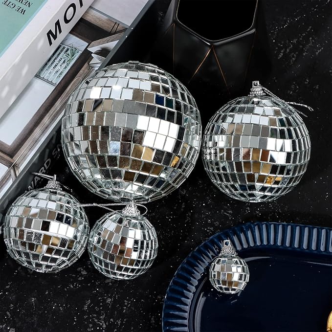 66 PCS Mirror Disco Ball for Party, 3.94/3.15/2.36/2/1.18 Inches Silver Hanging Reflective Glass Disco Ball for Christmas Tree Ornament Holiday Party Home Decorations