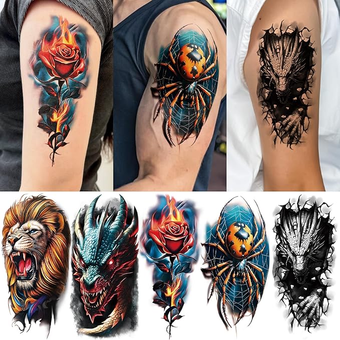 77 Sheets Temporary Tattoo for Women Men, 17 Sheets Half Arm Large 3D Eyes Lion Tiger Spider Fake Tattoos, 60 Sheets Flower Snake Skull Tiny for Adult Kids Cosplay Body Tattoos Stickers Realistic