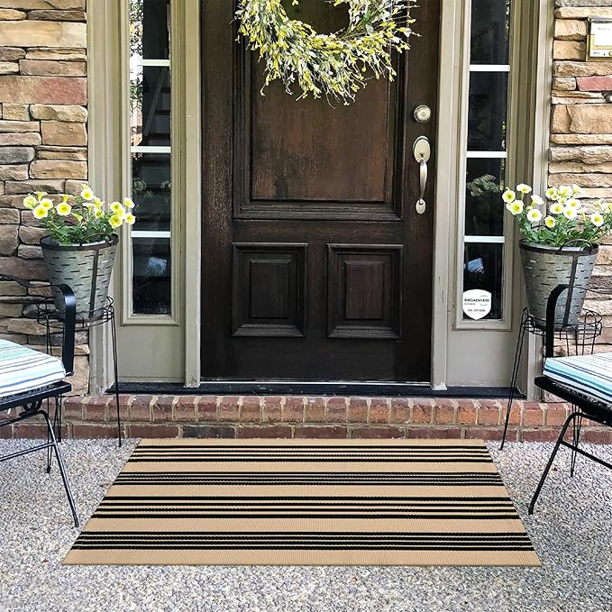 KIMODE Fall Front Door Mat 24"x51", Black and Khaki Striped Layered Door Mat Outdoor, Washable Farmhouse Front Porch Rug Halloween Thanksgiving Decorations, Cotton Hand Woven Entryway Rug