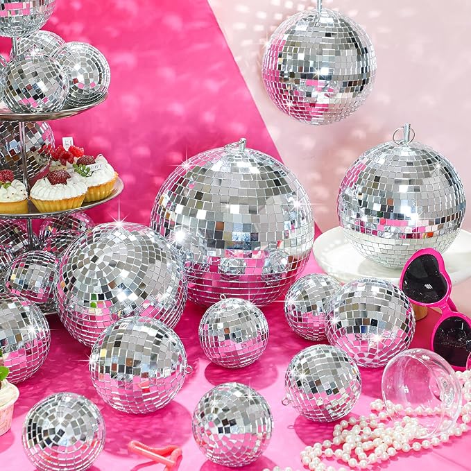 Sumind 25 Pcs Disco Balls Decoration Mirror Disco Balls Silver Hanging Decorations Reflective Dance and Music Festivals for DIY Halloween Christmas Stage Hall Prop (3.2'' 4'' 6'' 8'')