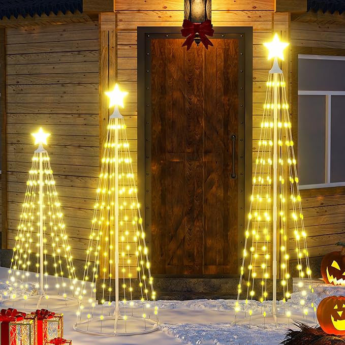 Lamerge 3pcs Christmas Cone Tree Lights(4ft+5ft+6ft), Christmas Tree Decorations Light Up Tree, 448 Warm Lights,Artificial Christmas Decorations for Indoor Outdoor Holiday Party Decor