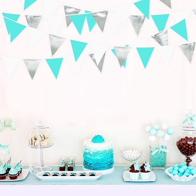 32Ft Teal Blue Silver Party Decorations Silver Aqua Green Fabric Pennant Triangle Banner Flag Streamer Garland for Under The Sea Birthday Ocean Baby Shower Summer Gender Reveal Party Decor Supplies