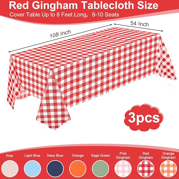 3 Pack Red and White Checkered Tablecloth, 54 X 108Inch Plastic Red Gingham Table Cloth Disposable Spring Picnic Tablecloths Waterproof Red Checkered Table Cover for BBQ Picnic Barbecue Birthday Party