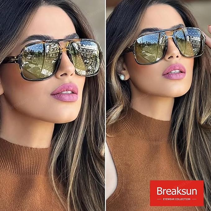 Retro Aviator Sunglasses for Women Men Trendy Classic 70s Square Green Aviator Sun Glasses Vintage Shades