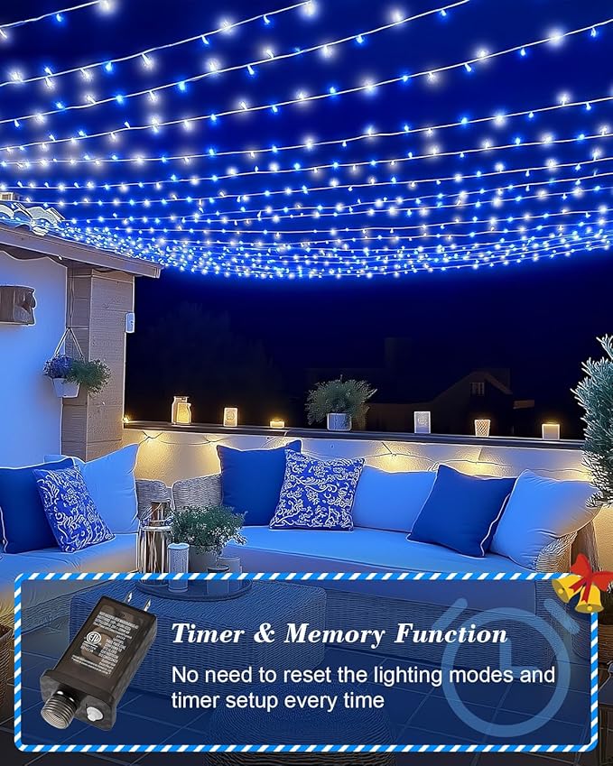 LED Christmas Lights, Extra Long Outdoor String Lights Waterproof, Timer & Memory, 8 Modes Dimmable Plug in Fairy for Outside Tree Wedding Patry (Blue and White, Total 710FT 1800 LED)