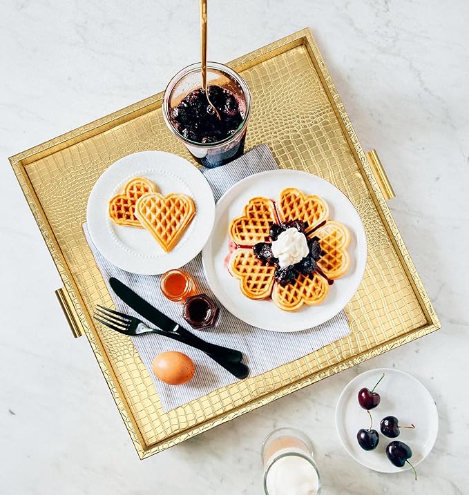 HofferRuffer Elegant Decorative Serving Tray, 20"x20" Square Faux Leather Ottoman Tray with Gold Hardware Handles, Coffee Table Serve Tea, Coffee or Breakfast (Gold, Square-20 inch)