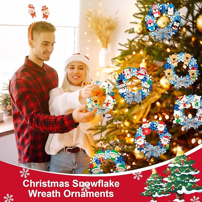 Yexiya 36 Pack Winter Wreath Craft Kits for Kids DIY Christmas Snowflake Wreath Hanging Ornaments Blue White Make Your Own Snowman Santa for Winter Xmas Party Favors Activities Decoration