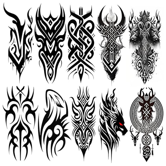 Temporary Tattoos AWLEE Waterproof Viking Tribal Totem - Long Lasting Fake tattoo for Men and Women 10 Sheets