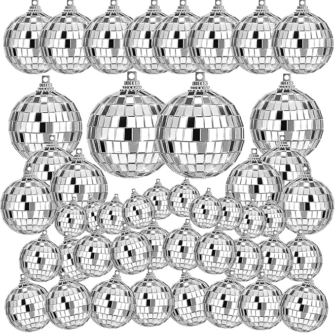 46 PCS Disco Mirror Ball Reflective Mini Glass Hanging Decorations Assorted Silver 6 Inches Large Disco Ball for Wedding Dance Music Ballroom Hall Props Club Stage Backdrop Props (4 inch)