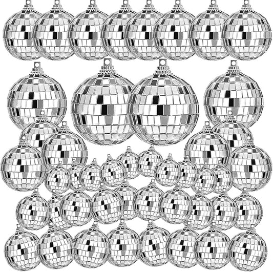 46 PCS Disco Mirror Ball Reflective Mini Glass Hanging Decorations Assorted Silver 6 Inches Large Disco Ball for Wedding Dance Music Ballroom Hall Props Club Stage Backdrop Props (4 inch)