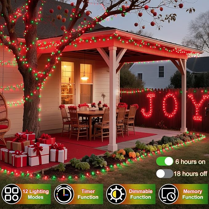 340 LED 90FT Christmas String Lights Outdoor, 12 Pro Modes and Timer Memory & Brightness, Plug in Outdoor Waterproof Clear Wire Twinkle Light for for Xmas Yard Tree Wedding Party Decor (Red & Green)