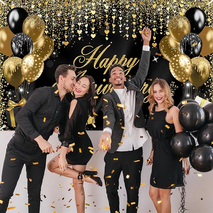Avezano Happy Anniversary Banner Decorations for Wedding, Bridal Shower, Party - 70.8 x 43.3 Inch (Black and Gold)