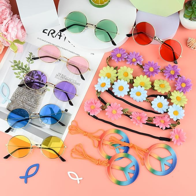 NEBURORA Hippie Costume Accessories Set 60s 70s Daisy Headband Peace Sign Necklaces Hippie Sunglasses for Carnival Party