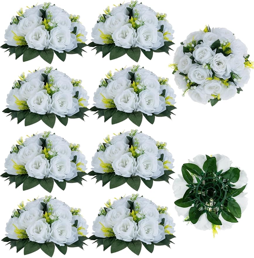 BLOSMON White Flowers for Wedding Centerpieces: 10 Pcs Artificial Roses Flower Balls for Table - Fake Silk Kissing Bouquet Floral Arrangement Center for Home Party Event Decor