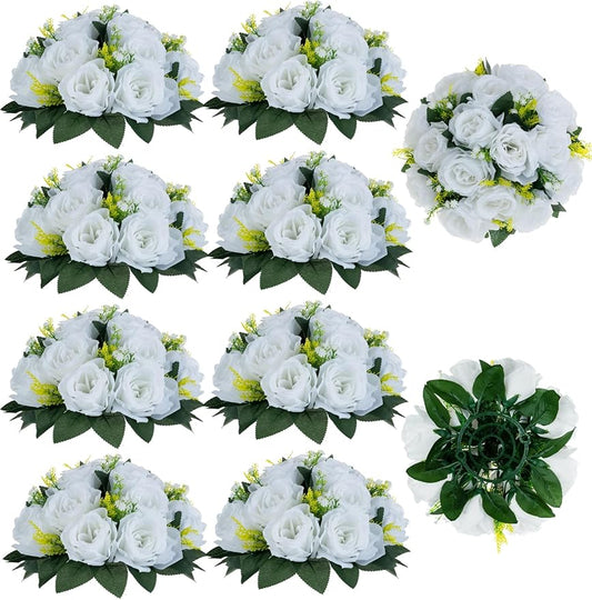 BLOSMON White Flowers for Wedding Centerpieces: 10 Pcs Artificial Roses Flower Balls for Table - Fake Silk Kissing Bouquet Floral Arrangement Center for Home Party Event Decor