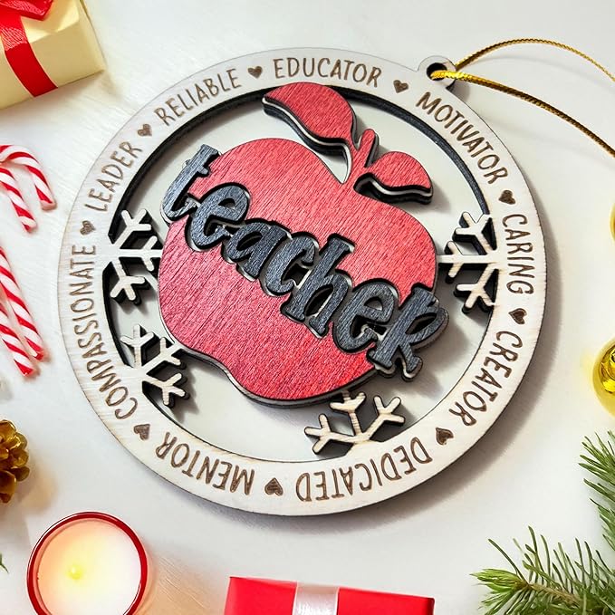 Teacher Appreciation Christmas Ornament 2024 – Wooden Apple Shape for Educators, Mentor Keepsake for Teachers