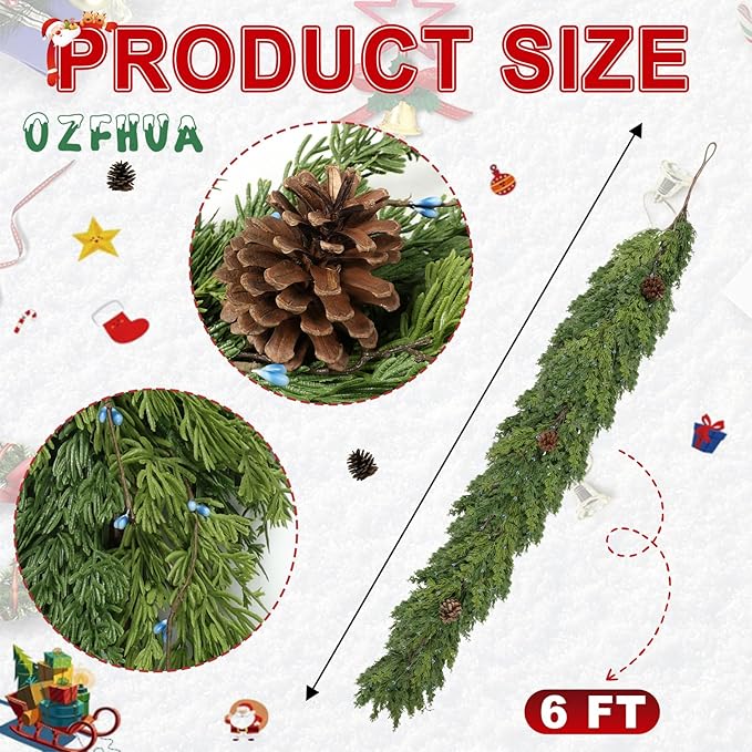 6 FT Cedar Garland - Artificial Christmas Garland with Pine Cones Berry for Christmas Decorations Holiday Seasonal Outdoor Indoor Home Decor