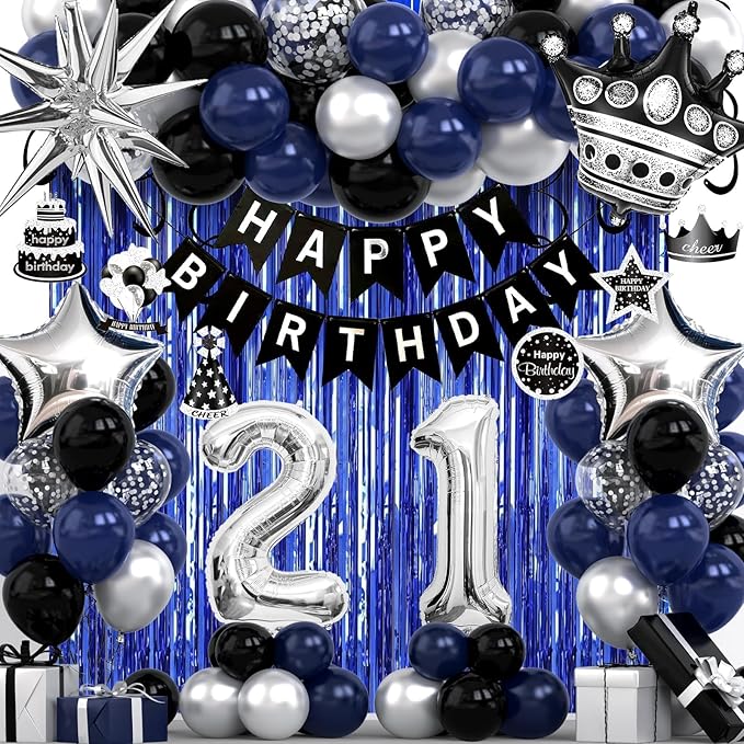 21st Birthday Decorations for Men and Women, Black Blue Silver Happy Birthday Number 21 Balloons, Banner, Fringe Curtains Garland Kit - 21 Year Old Party Supplies