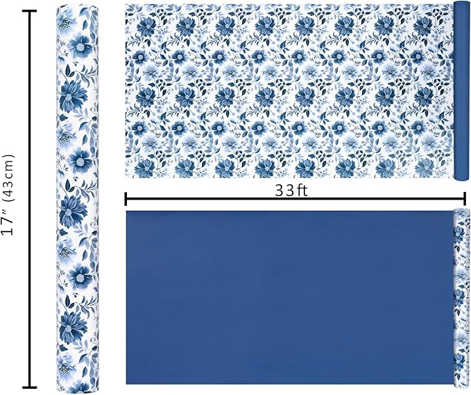 LaRibbons Reversible Blue Floral Wrapping Paper Roll, 17 Inch x 33 Feet (46.7 Sq. Ft), Blue White Peony Design Chinoiserie Gift Wrap for Wedding, Bridal Shower & Birthday
