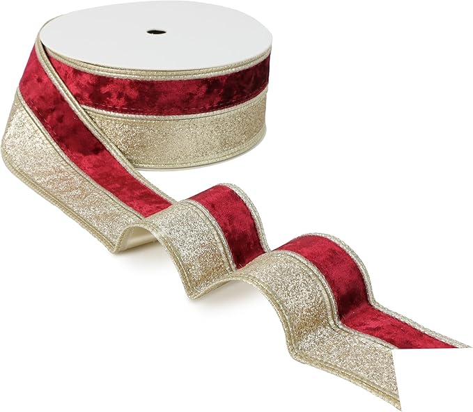 Burgundy Velvet Wired Christmas Ribbon 2.5 Inch Maroon and Gold Ribbon – 10-Yards Roll for Tree Decorations, Gift Wrapping, Wreaths, and DIY Crafts