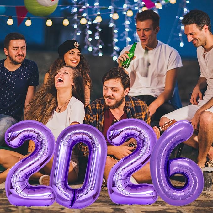 KALOR 42 Inch 2026 Purple Mylar Number Balloons, 2026 New Years Foil Balloon for 2026 Happy New Year Eve and Graduations Decorations Party Supplies