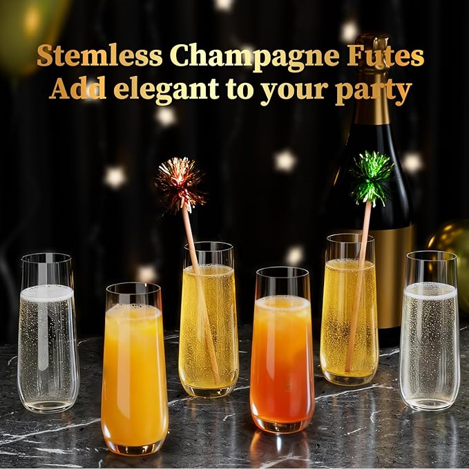 Guanqiao 24 Pack Stemless Plastic Champagne Flutes, 9 oz Clear Disposable Plastic Glasses, Heavy Duty Shatterproof Recyclable Mimosa Glasses for Party Wine Tasting Wedding New Years Eve Party Supplies