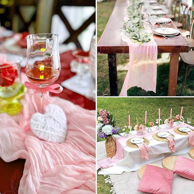 12 Pack Pink Cheesecloth Table Runner 10FT Boho Gauze Fabric Table Runner 35 x 120 Inch Rustic Sheer Runner for Centerpiece Wedding Decor Party Boho Table Decoration（Pink）