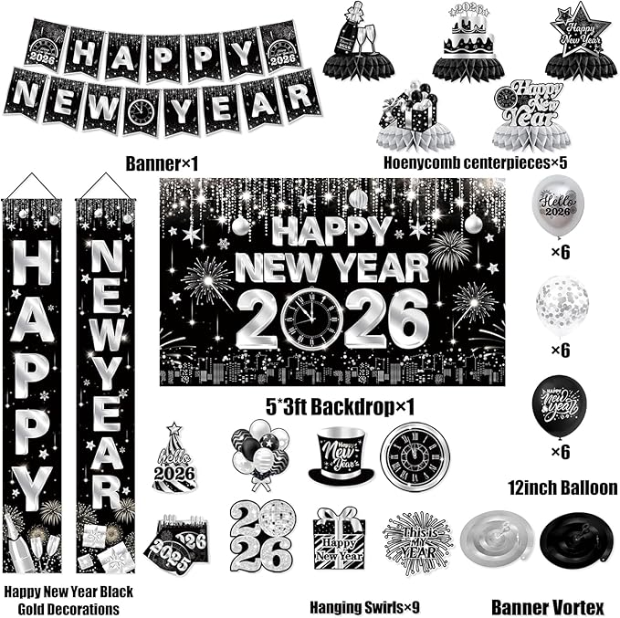 New Years Decorations 2026,Happy New Years Eve Party Supplies Black and Silver Nye Party Decorations With Backdrop Door Banner Hanging Swirls Honeycomb Balloon