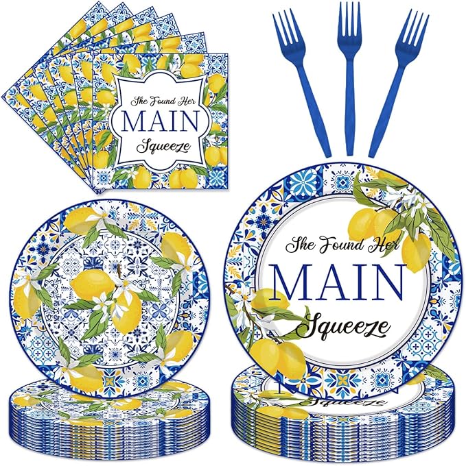 96PCS She Found Her Main Squeeze Plates and Napkins Party Supplies Lemon Bridal Shower Decorations Blue Tiles Lemon Weeding Engagement Disposable Paper Tableware Set Serves 24 Guests