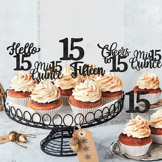 30PCS Happy 15th Birthday Cupcake Toppers Glitter Fifteen Mis Quince Hello 15 Cupcake Picks Cheers to 15 Birthday Decorations for 15th Birthday Anniversary Party Cake Decoration Supplies Black