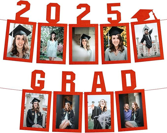 KatchOn, Red Graduation Photo Banner 2025 - Large, 10 Feet, 2025 Grad Banner | Graduation Banner Class of 2025 Personalized | Felt Graduation Picture Banner for Graduation Decorations 2025