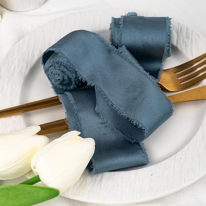 Satin Silk Ribbon, Dusty Blue Ribbon for Wrapping, 1-1/2 inch x 15 Yd Handmade Frayed Fringe Ribbon, for Wedding Engagement Birthday Showers Crafts Flower Bouquet Invitation Decor, 3 Rolls