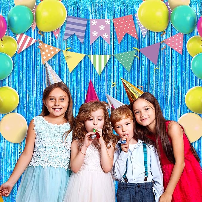 6 Pack Lake Blue Foil Fringe Curtains Backdrop, 3.28 x 8.2 Ft Metallic Streamers Tinsel Curtains Background for Photo Booth, Birthday, Christmas, Halloween, Thanksgiving, New Year Party Decorations