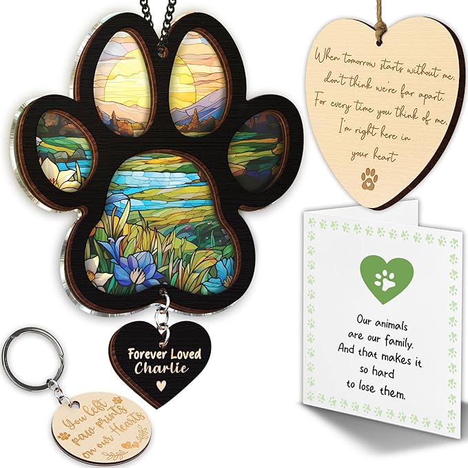 Personalized Dog Memorial Suncatcher, Paw Suncatcher Remembrance Gift, Engraved Pet Memorial Ornament, Pet Sympathy Keychain, Loss of Animal Sympathy Card, Rainbow Bridge Dog Loss Gift
