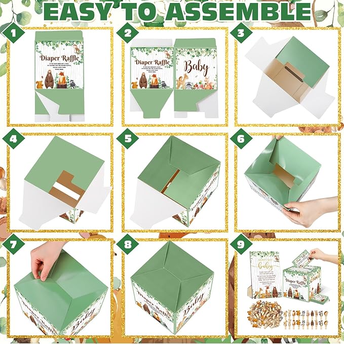 102 Pcs Baby Shower Game Supplies Diaper Raffle Tickets with Diaper Raffle Card Box Don't Say Baby Sign Mini Clothespin Baby Shower Game Decor for Baby Shower Gender Reveal(Animal)