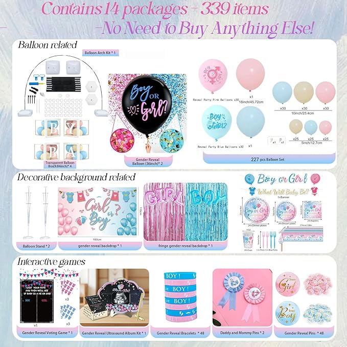 Gender Reveal Party Kit -Gender reveal party for new baby Set，Guess the Boy or Girl Gender Party Decorations，For Revelacion De Sexo De Bebe Big Gift Pack