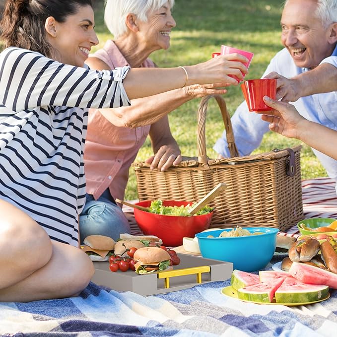 Leather Serving Tray with Gold Polished Metal Handles, Home Decorative Wooden Rectangle Ottoman Decor Platter Bathroom Vanity Tray for All Occasions Grey