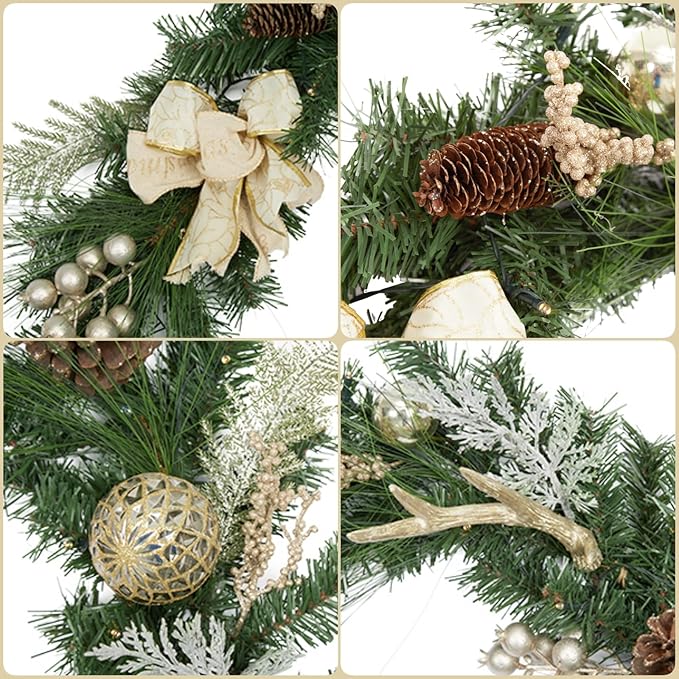 GarveeHome Christmas Garland with Lights for Mantle 6 ft, Lighted Outdoor Xmas Garland with 20 Battery Operated LED Gold Balls Pine Cones Antlers for Fireplace Front Door Stair Railing Window Decor